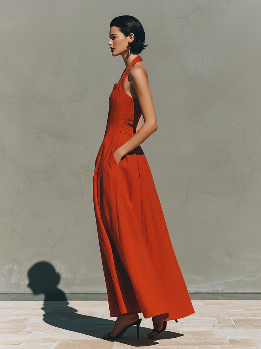 Women’s Red Linen Halter Neck Maxi Dress with Pleated Skirt – Timeless Elegant Resort Style
