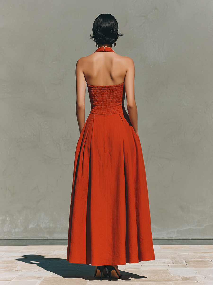 Women’s Red Linen Halter Neck Maxi Dress with Pleated Skirt – Timeless Elegant Resort Style