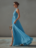 Women’s Sky Blue Chiffon Halter Deep V-Neck Dress with Ruched Waist – Boho Glam Maxi Dress