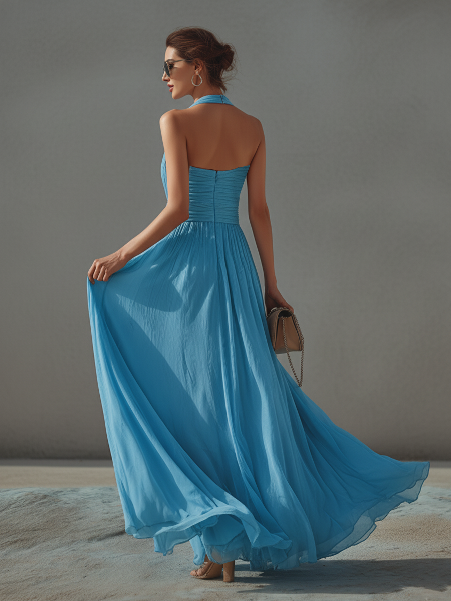 Women’s Sky Blue Chiffon Halter Deep V-Neck Dress with Ruched Waist – Boho Glam Maxi Dress