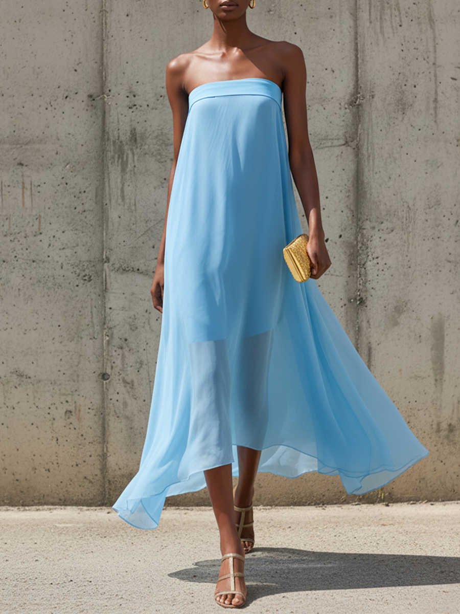 Women’s Sky Blue Chiffon Strapless Midi Dress With Asymmetric High-Low Hem – Minimalist Elegant Style