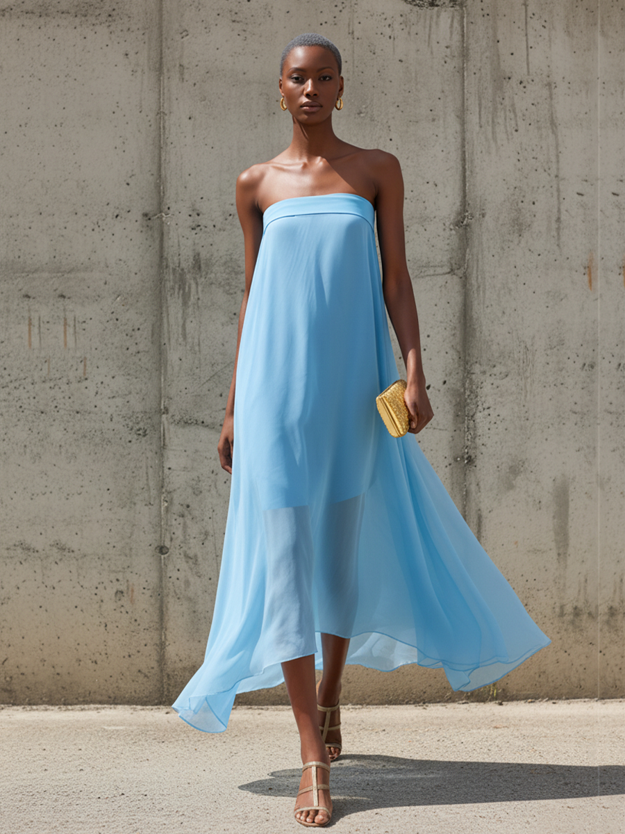 Women’s Sky Blue Chiffon Strapless Midi Dress With Asymmetric High-Low Hem – Minimalist Elegant Style