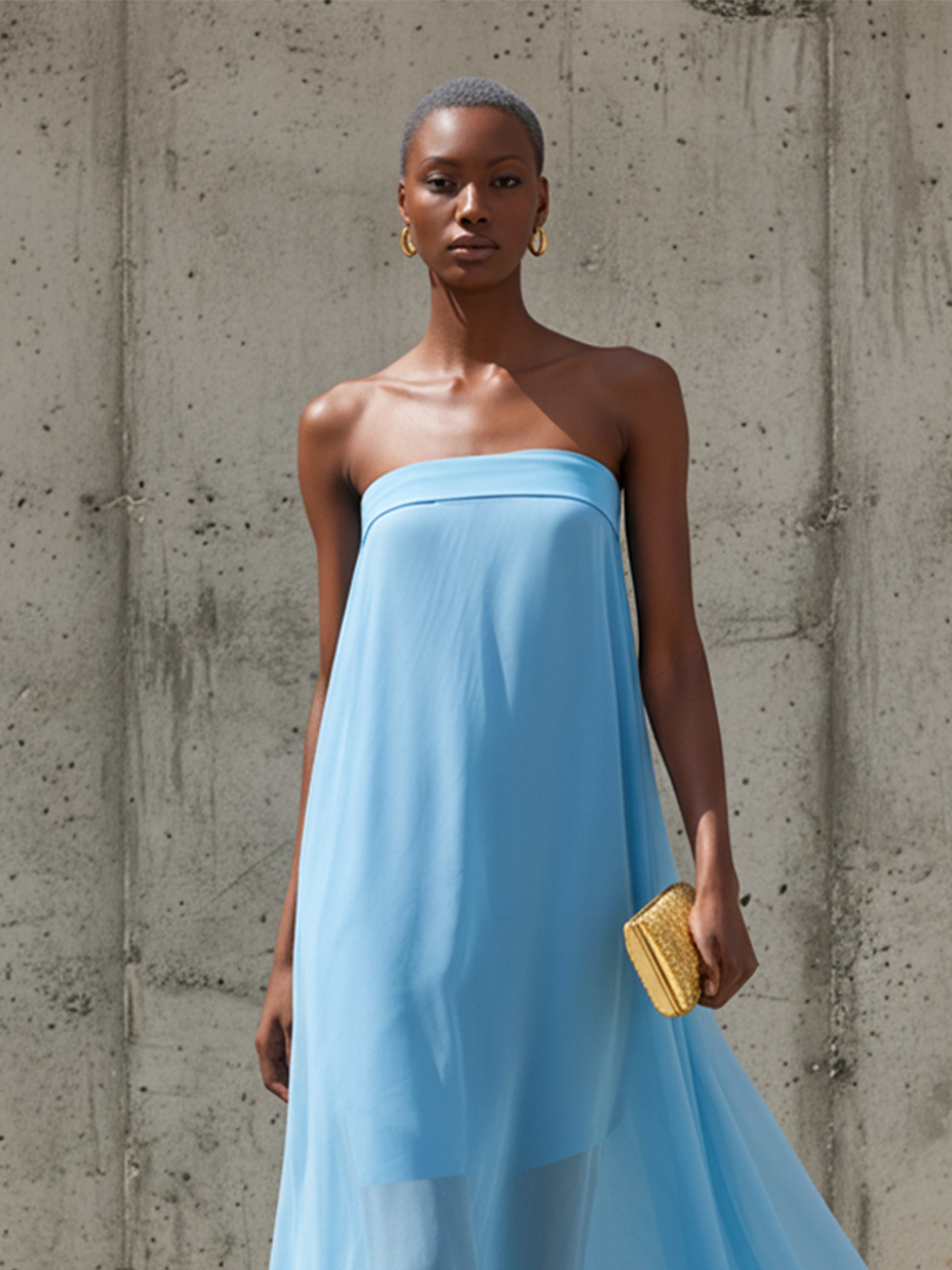 Women’s Sky Blue Chiffon Strapless Midi Dress With Asymmetric High-Low Hem – Minimalist Elegant Style