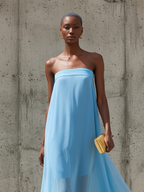 Women’s Sky Blue Chiffon Strapless Midi Dress With Asymmetric High-Low Hem – Minimalist Elegant Style