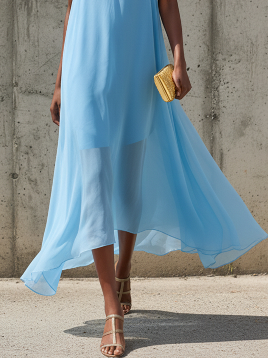 Women’s Sky Blue Chiffon Strapless Midi Dress With Asymmetric High-Low Hem – Minimalist Elegant Style