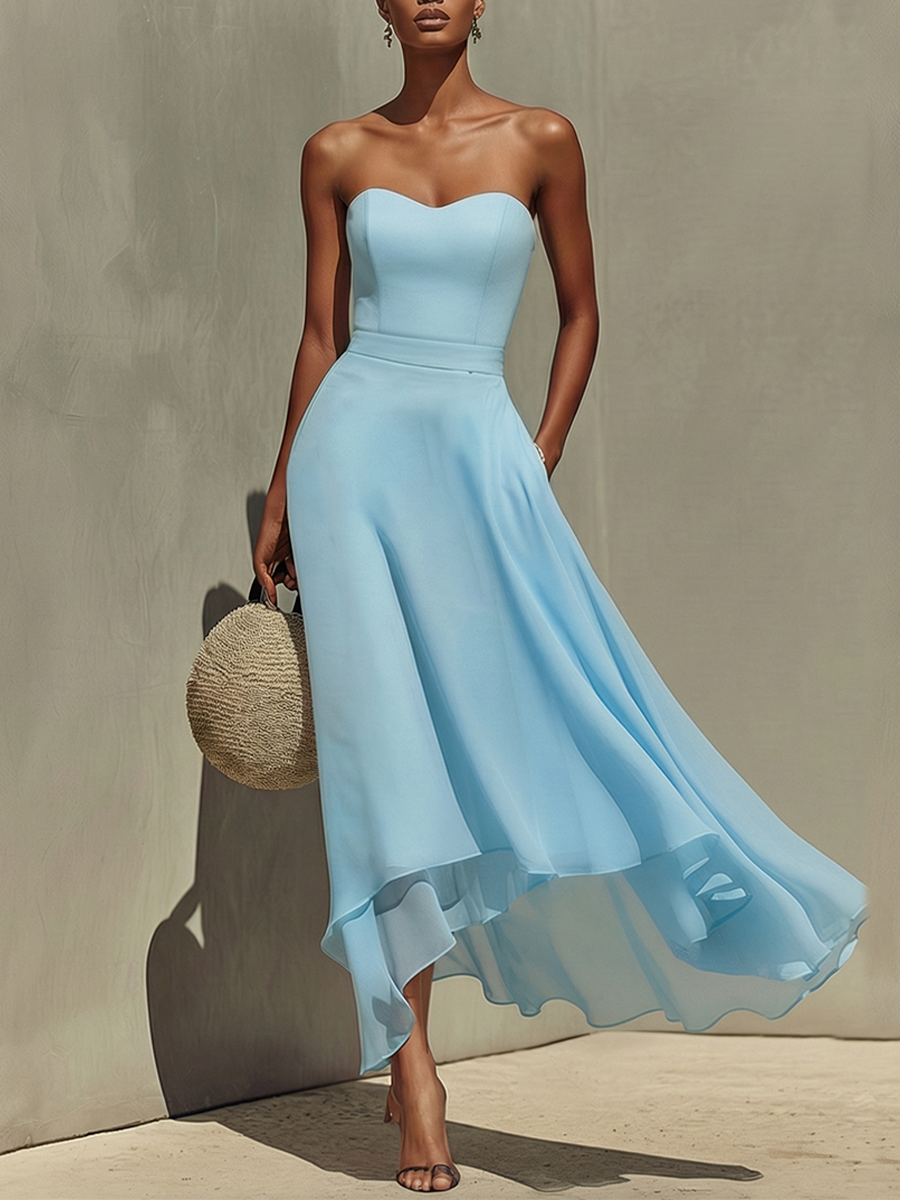 Women’s Sky Blue Cotton-Chiffon Strapless Midi Dress with Layered Ruffle Hem – Lightweight Elegant Casual Style
