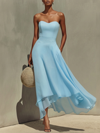 Women’s Sky Blue Cotton-Chiffon Strapless Midi Dress with Layered Ruffle Hem – Lightweight Elegant Casual Style