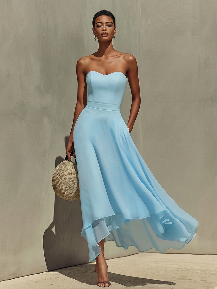Women’s Sky Blue Cotton-Chiffon Strapless Midi Dress with Layered Ruffle Hem – Lightweight Elegant Casual Style