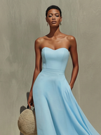 Women’s Sky Blue Cotton-Chiffon Strapless Midi Dress with Layered Ruffle Hem – Lightweight Elegant Casual Style