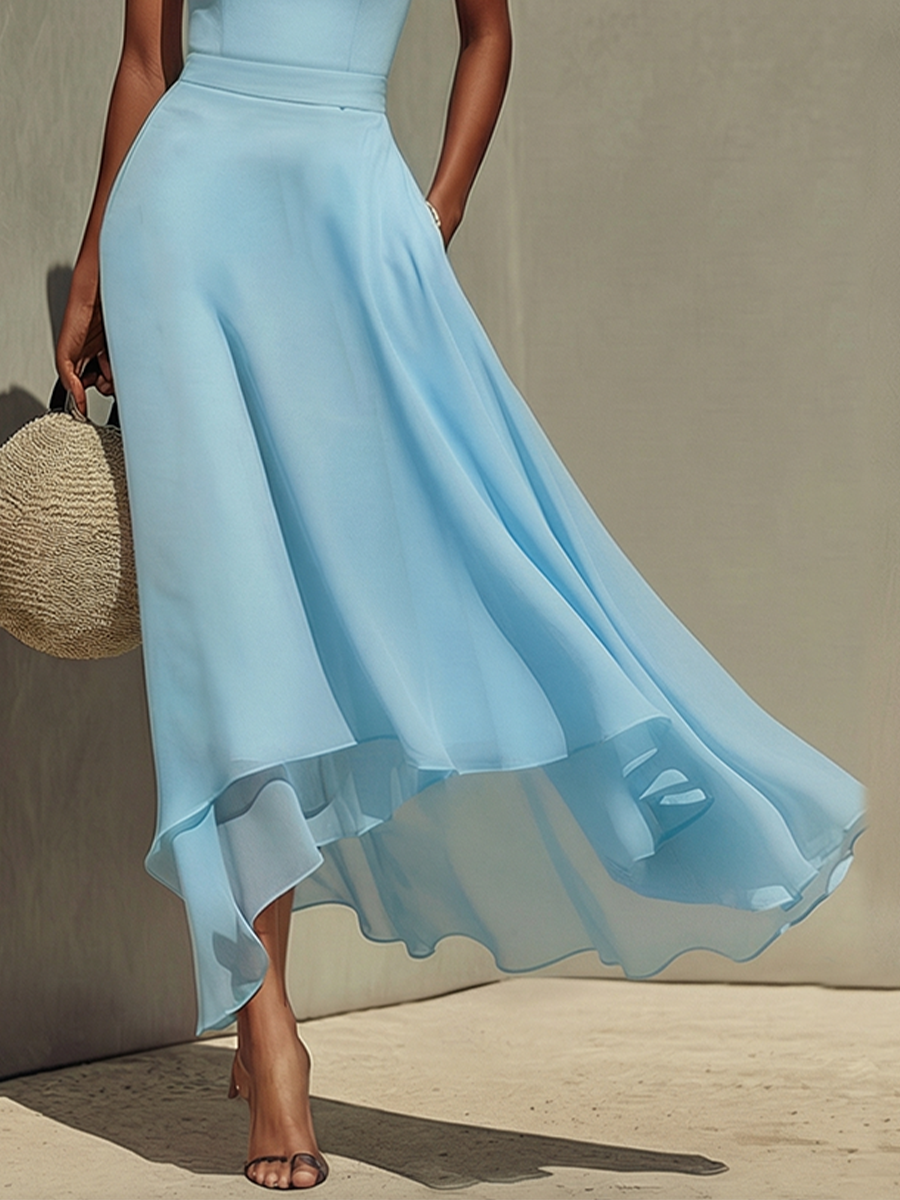 Women’s Sky Blue Cotton-Chiffon Strapless Midi Dress with Layered Ruffle Hem – Lightweight Elegant Casual Style