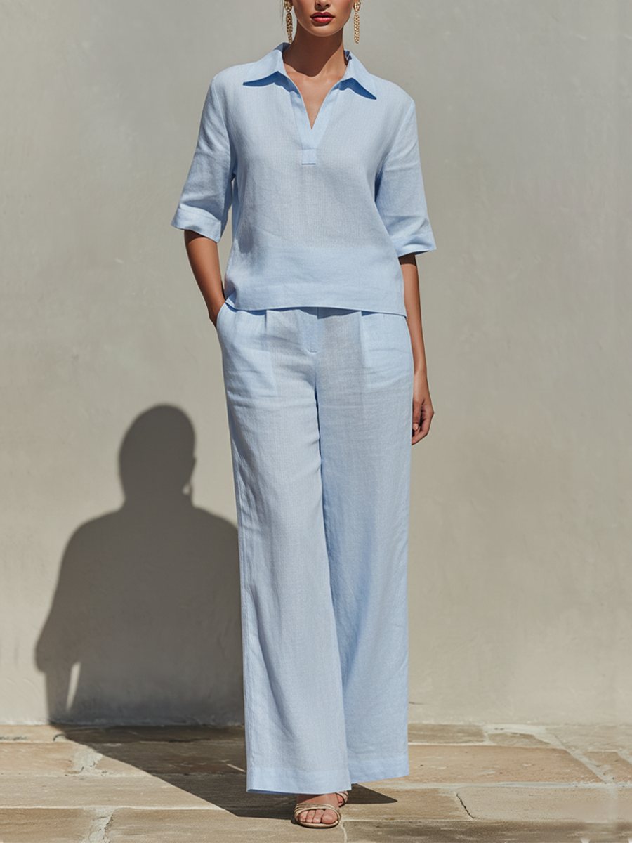 Women’s Sky Blue Linen Two-Piece Set — Collared V-Neck Top & Wide-Leg Pants, Minimalist Resort Outfit