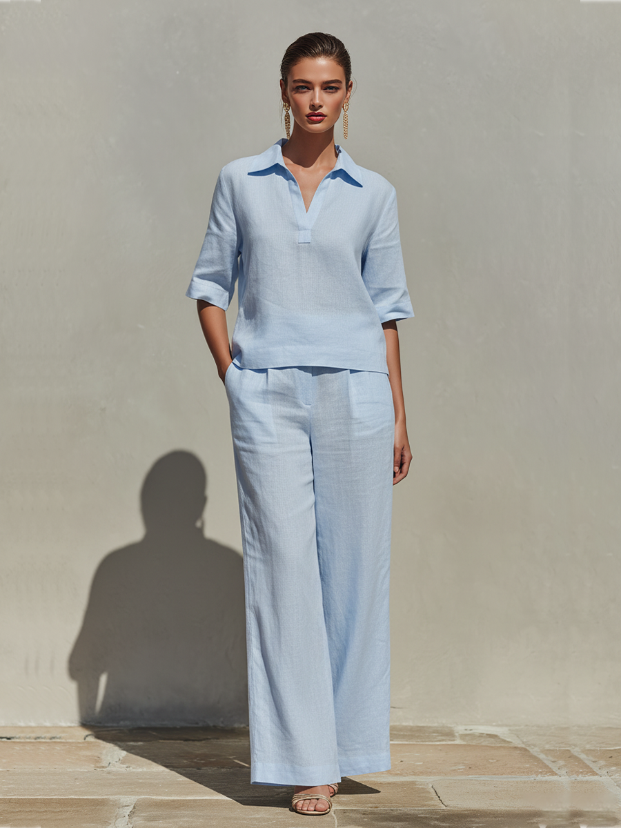 Women’s Sky Blue Linen Two-Piece Set — Collared V-Neck Top & Wide-Leg Pants, Minimalist Resort Outfit