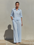 Women’s Sky Blue Linen Two-Piece Set — Collared V-Neck Top & Wide-Leg Pants, Minimalist Resort Outfit