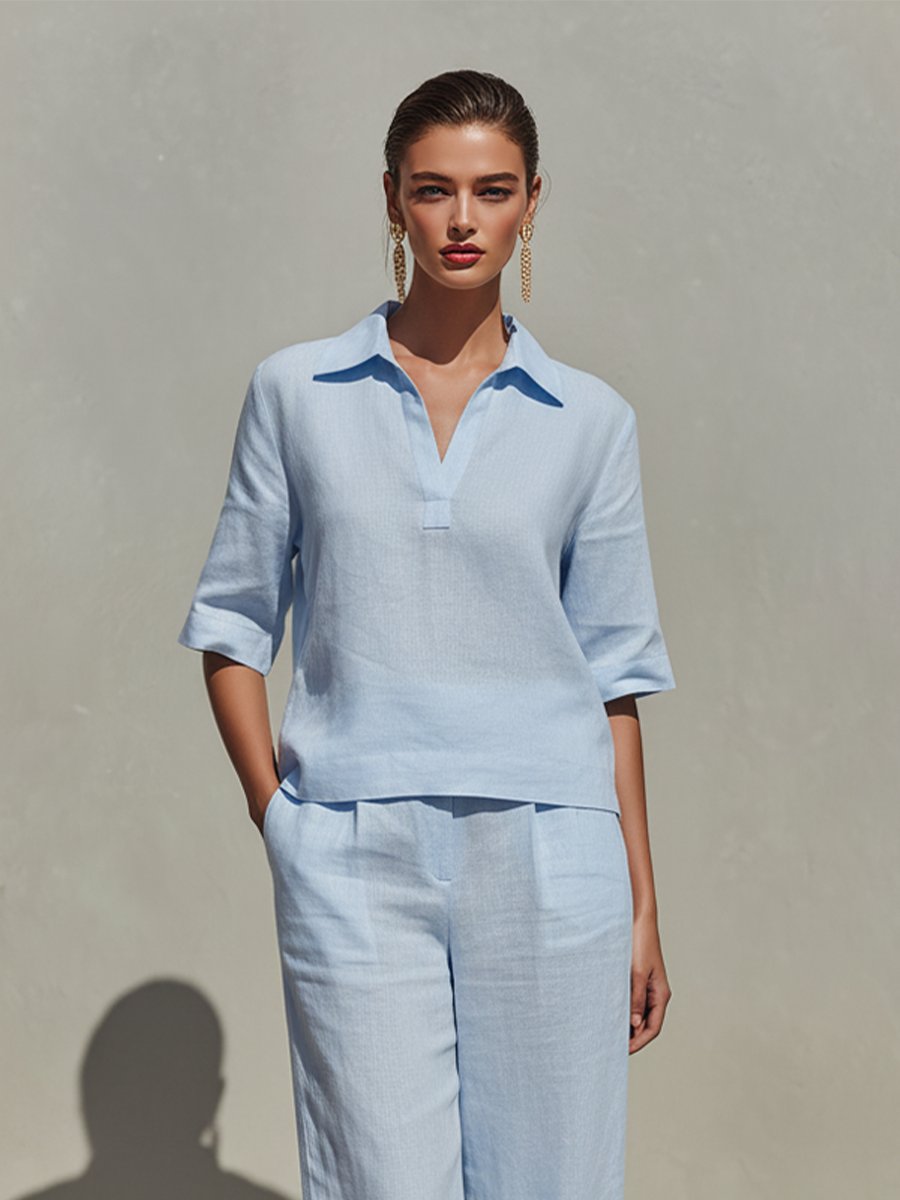 Women’s Sky Blue Linen Two-Piece Set — Collared V-Neck Top & Wide-Leg Pants, Minimalist Resort Outfit