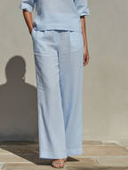 Women’s Sky Blue Linen Two-Piece Set — Collared V-Neck Top & Wide-Leg Pants, Minimalist Resort Outfit