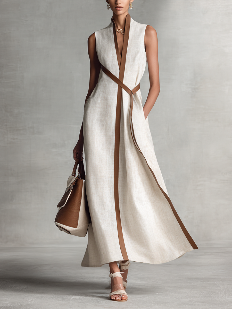 Women’s Sleeveless V-Neck Cotton-Linen Maxi Dress — Tie-Waist Slim Fit, Elegant Everyday to Formal Wear