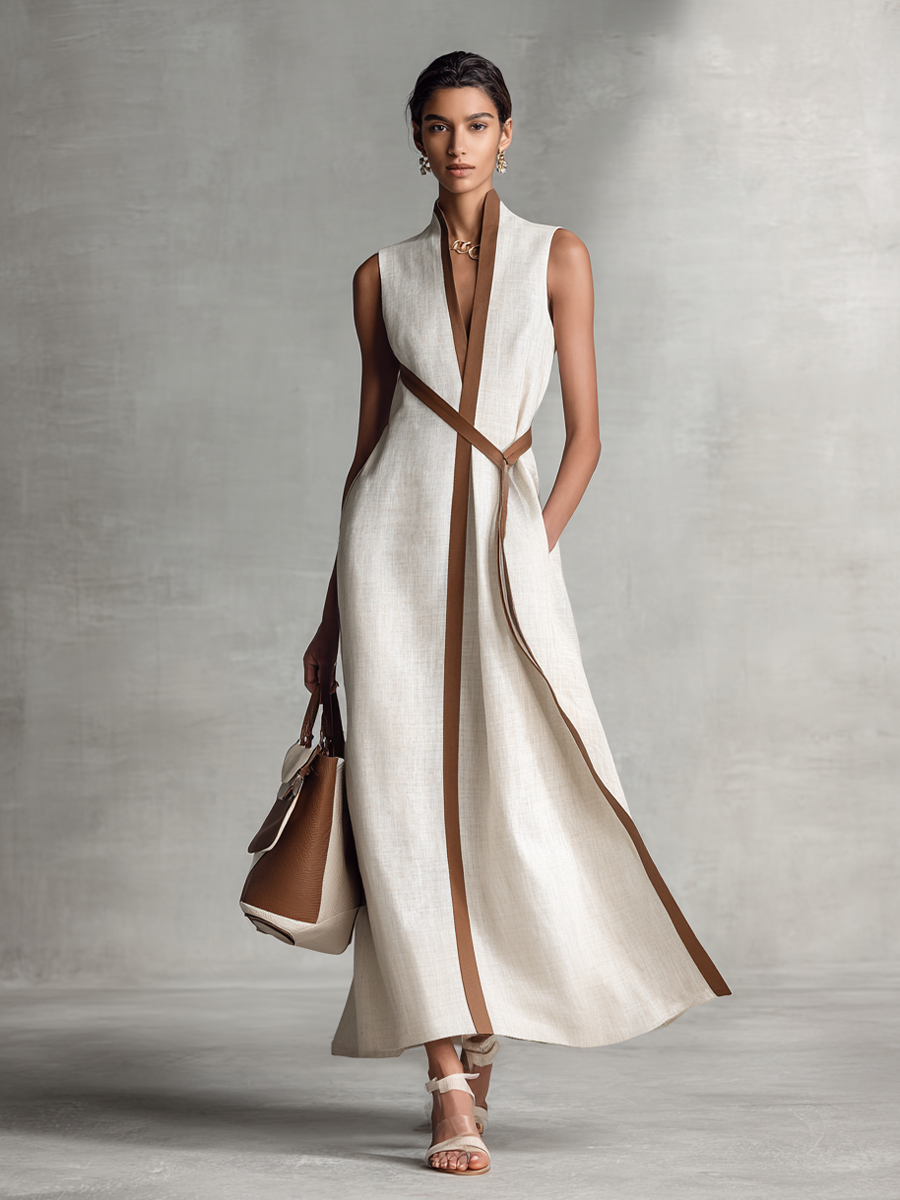 Women’s Sleeveless V-Neck Cotton-Linen Maxi Dress — Tie-Waist Slim Fit, Elegant Everyday to Formal Wear