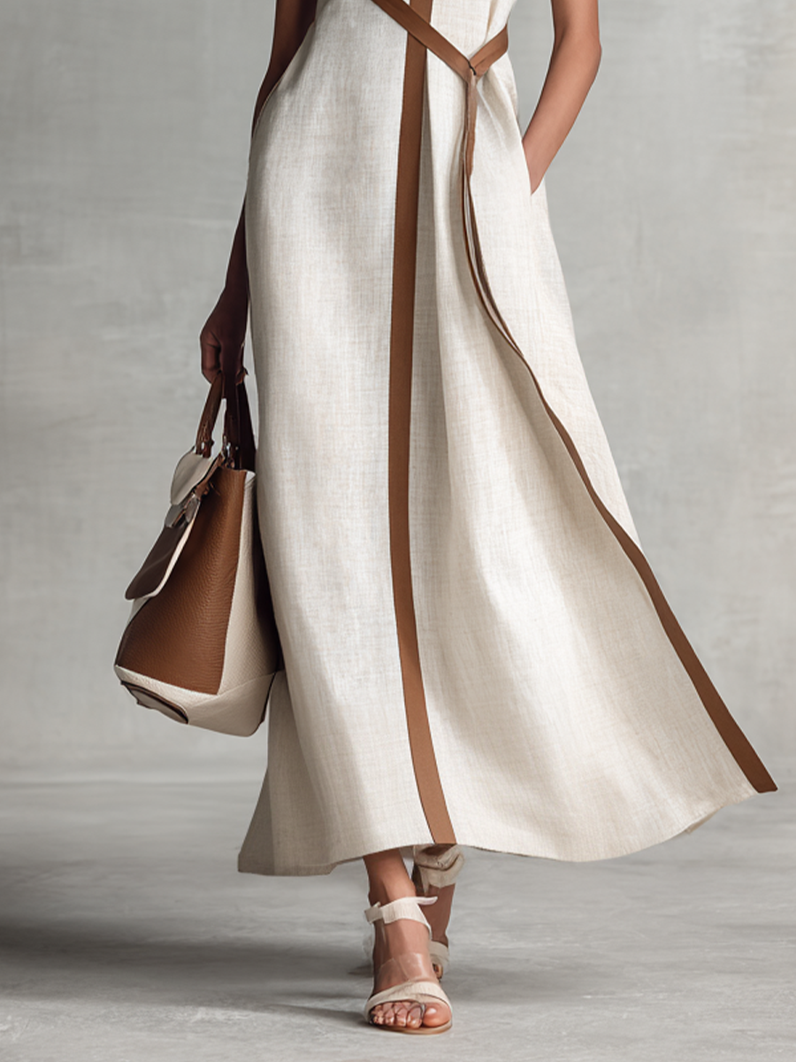 Women’s Sleeveless V-Neck Cotton-Linen Maxi Dress — Tie-Waist Slim Fit, Elegant Everyday to Formal Wear