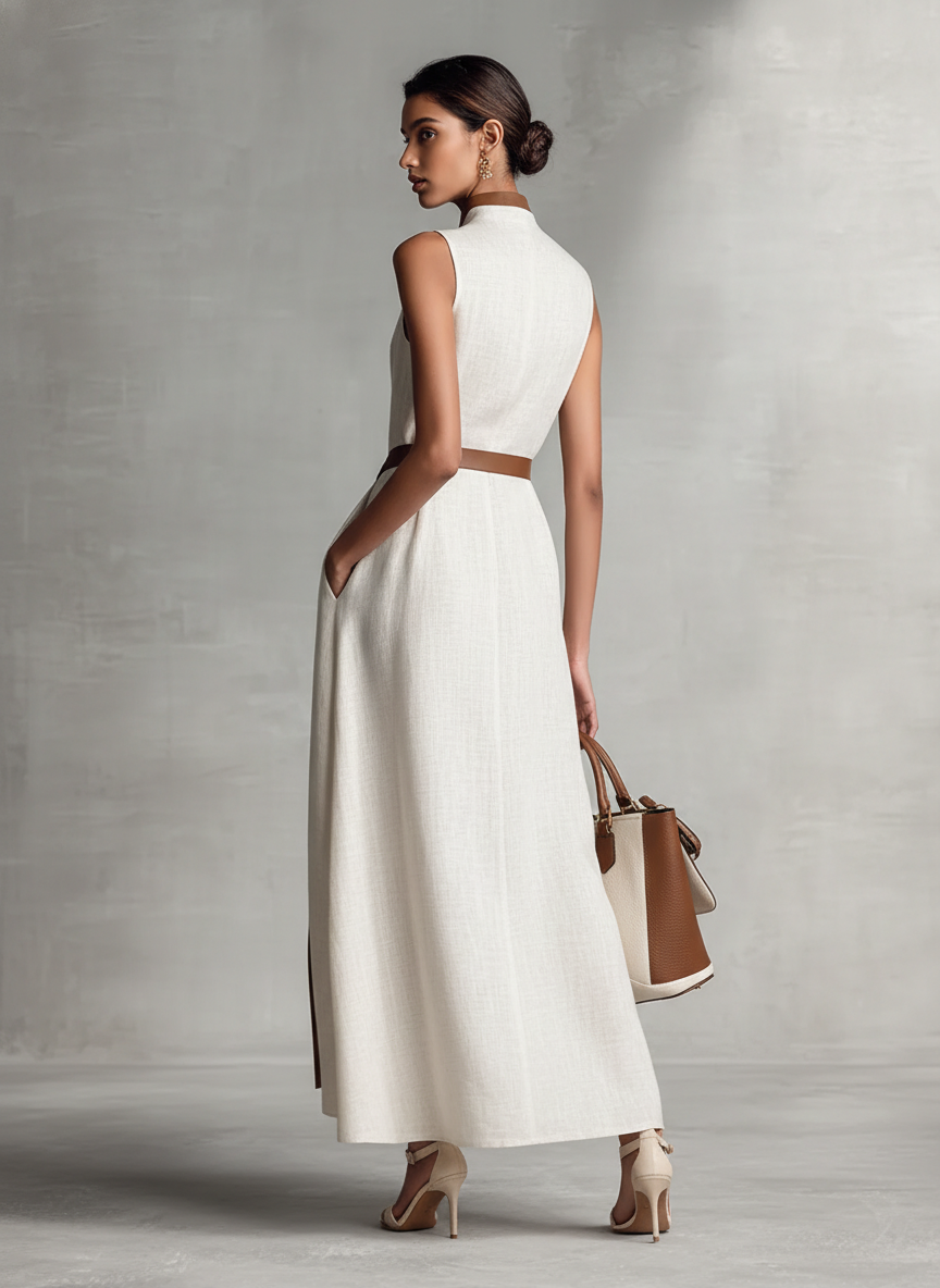 Women’s Sleeveless V-Neck Cotton-Linen Maxi Dress — Tie-Waist Slim Fit, Elegant Everyday to Formal Wear