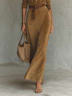 Women’s Suede Lapel Belted Maxi Dress — Single-Breasted Elegant Tailored Long Sleeve Dress