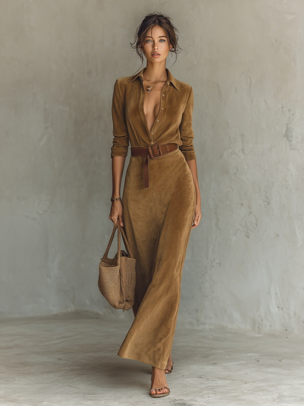 Women’s Suede Lapel Belted Maxi Dress — Single-Breasted Elegant Tailored Long Sleeve Dress