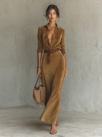 Women’s Suede Lapel Belted Maxi Dress — Single-Breasted Elegant Tailored Long Sleeve Dress