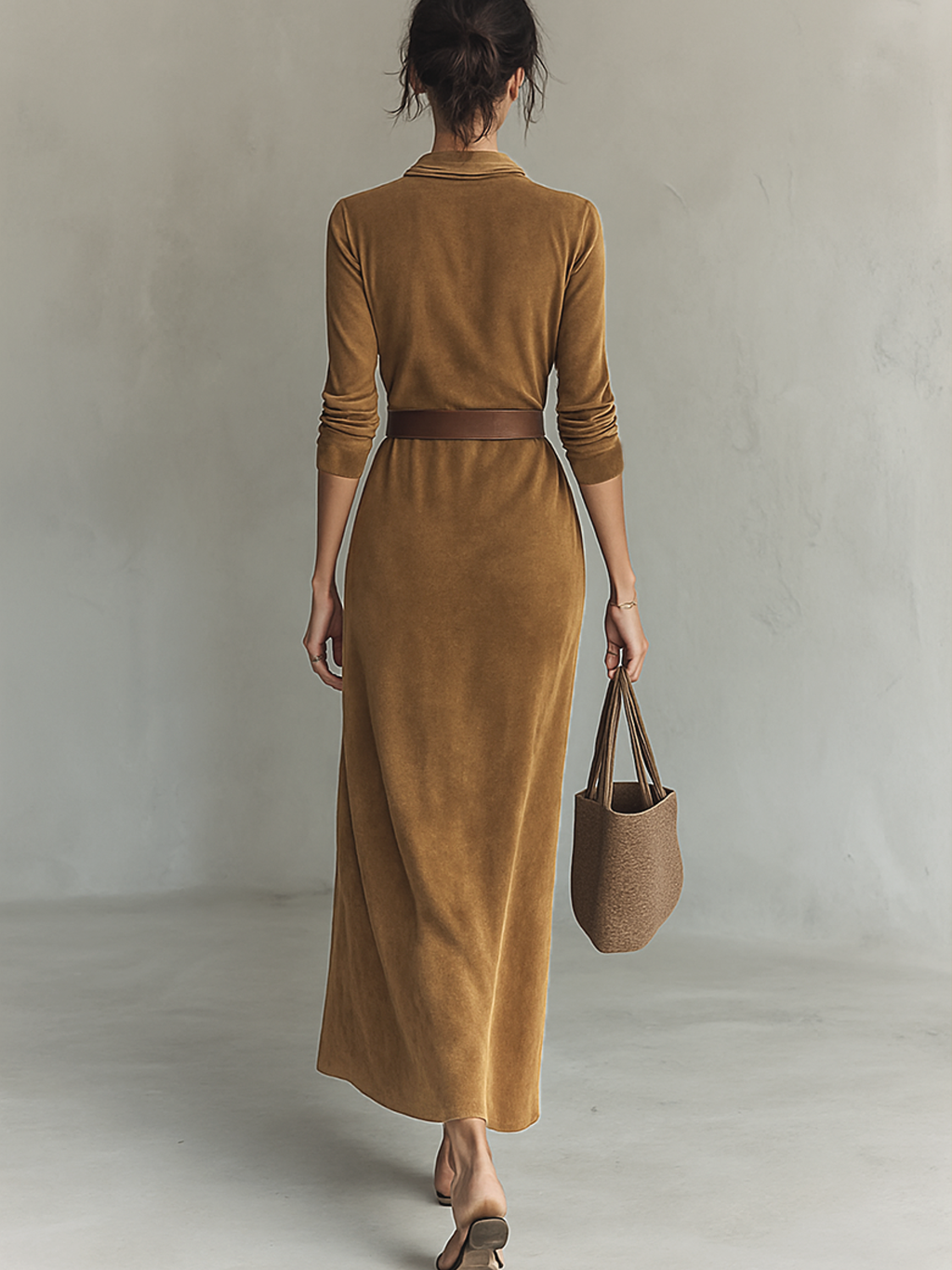 Women’s Suede Lapel Belted Maxi Dress — Single-Breasted Elegant Tailored Long Sleeve Dress