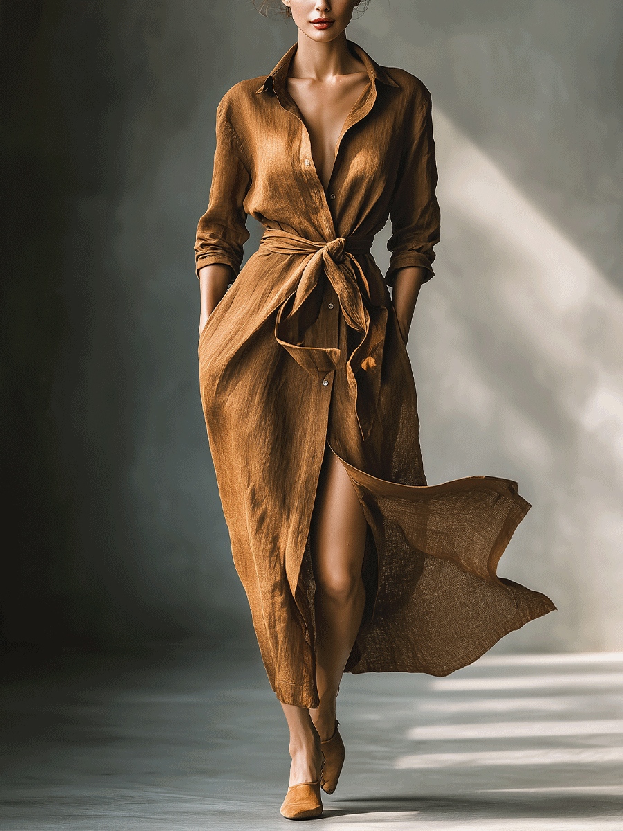 Women’s Vintage Brown Blend Shirt Maxi Dress — Button-Down Collared Long Sleeve Tie-Waist Casual Chic Dress