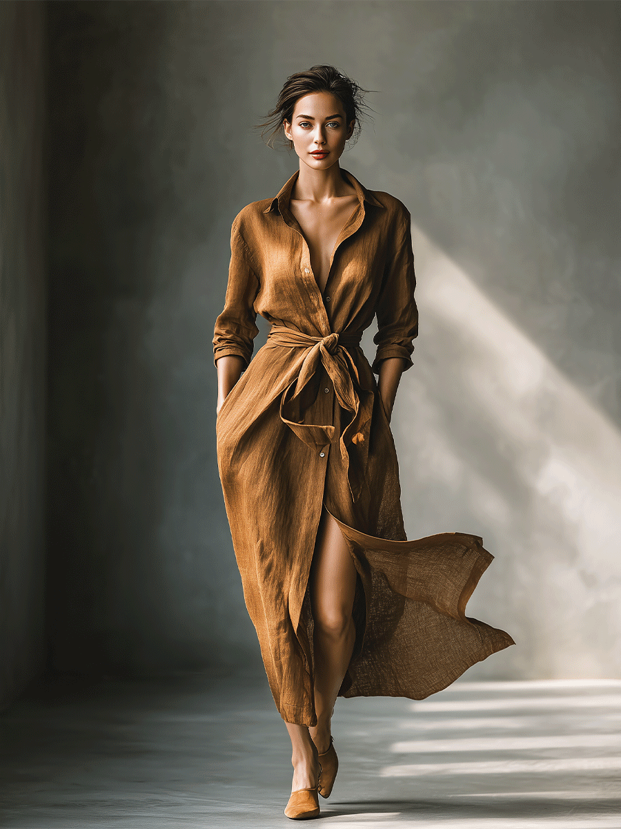 Women’s Vintage Brown Blend Shirt Maxi Dress — Button-Down Collared Long Sleeve Tie-Waist Casual Chic Dress