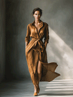 Women’s Vintage Brown Blend Shirt Maxi Dress — Button-Down Collared Long Sleeve Tie-Waist Casual Chic Dress