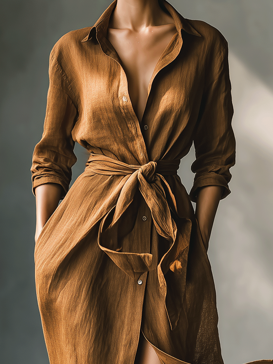 Women’s Vintage Brown Blend Shirt Maxi Dress — Button-Down Collared Long Sleeve Tie-Waist Casual Chic Dress