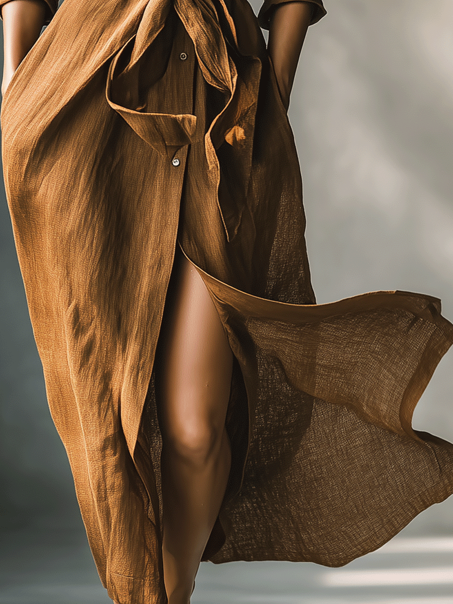 Women’s Vintage Brown Blend Shirt Maxi Dress — Button-Down Collared Long Sleeve Tie-Waist Casual Chic Dress