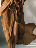 Women’s Vintage Brown Blend Shirt Maxi Dress — Button-Down Collared Long Sleeve Tie-Waist Casual Chic Dress