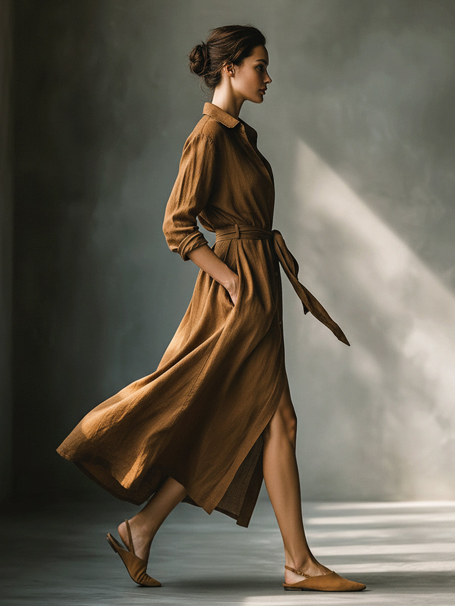 Women’s Vintage Brown Blend Shirt Maxi Dress — Button-Down Collared Long Sleeve Tie-Waist Casual Chic Dress