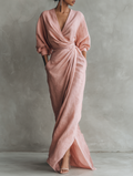Women’s Pink Minimalist Linen Blend V-Neck Maxi Dress – Relaxed Fit Elegant Summer Long Dress