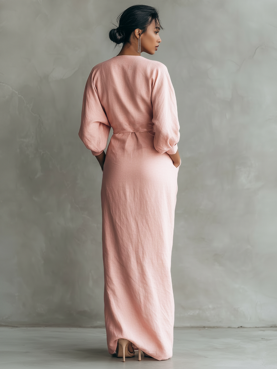 Women’s Pink Minimalist Linen Blend V-Neck Maxi Dress – Relaxed Fit Elegant Summer Long Dress