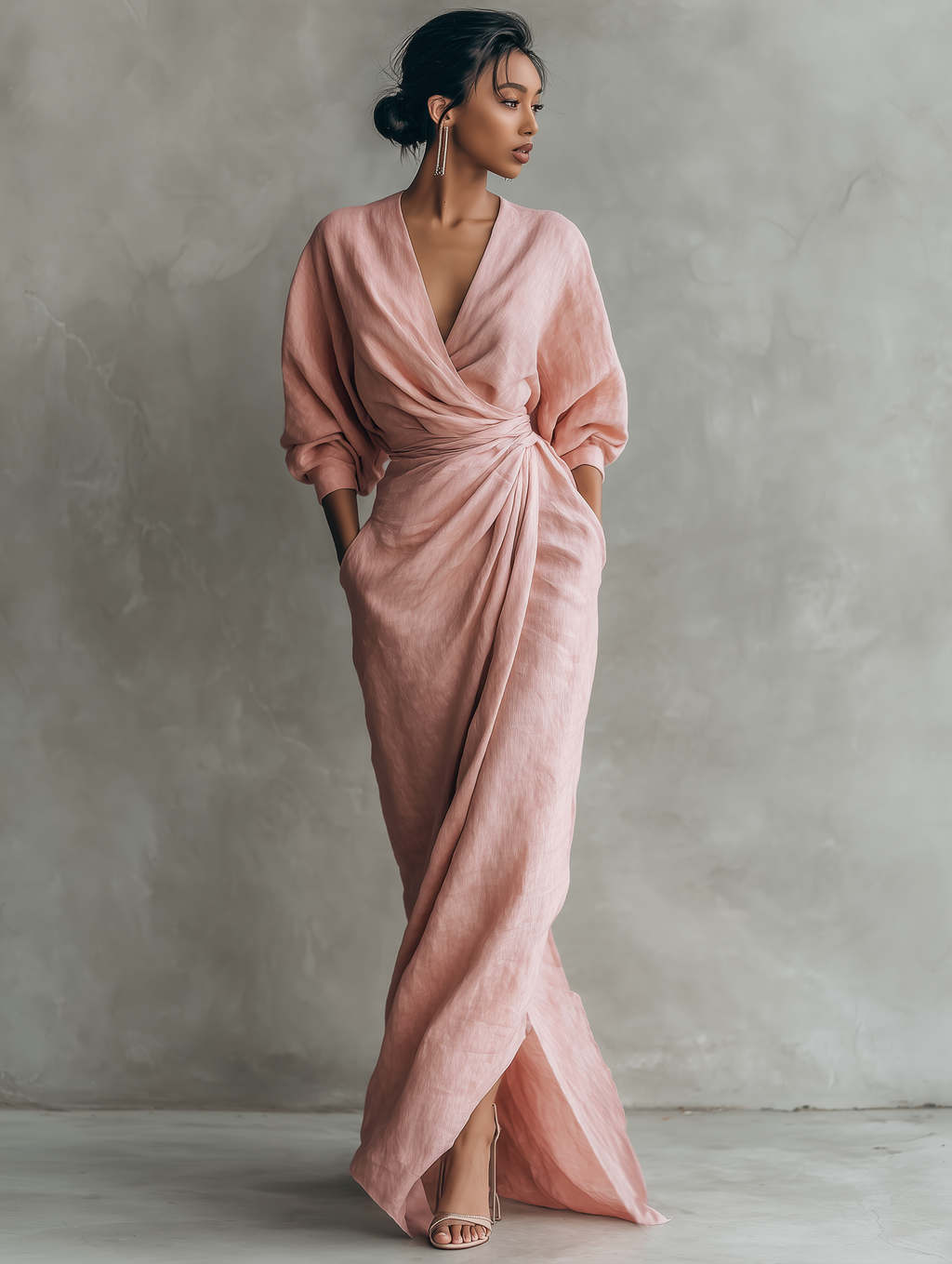 Women’s Pink Minimalist Linen Blend V-Neck Maxi Dress – Relaxed Fit Elegant Summer Long Dress