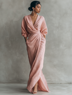 Women’s Pink Minimalist Linen Blend V-Neck Maxi Dress – Relaxed Fit Elegant Summer Long Dress