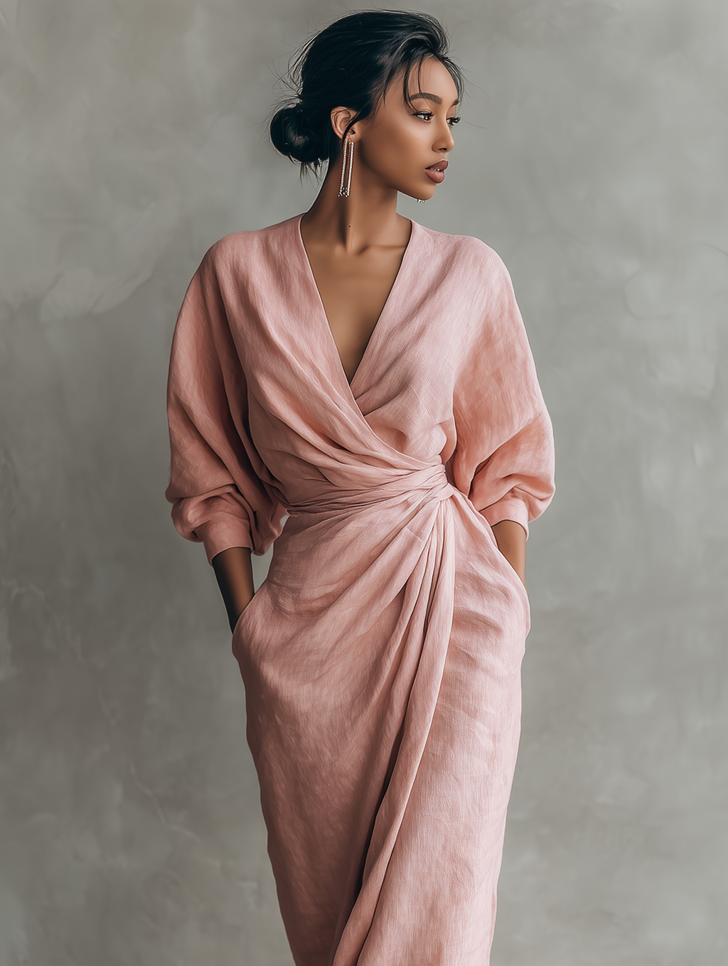 Women’s Pink Minimalist Linen Blend V-Neck Maxi Dress – Relaxed Fit Elegant Summer Long Dress