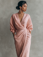 Women’s Pink Minimalist Linen Blend V-Neck Maxi Dress – Relaxed Fit Elegant Summer Long Dress