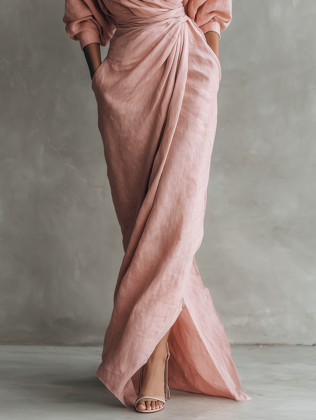 Women’s Pink Minimalist Linen Blend V-Neck Maxi Dress – Relaxed Fit Elegant Summer Long Dress