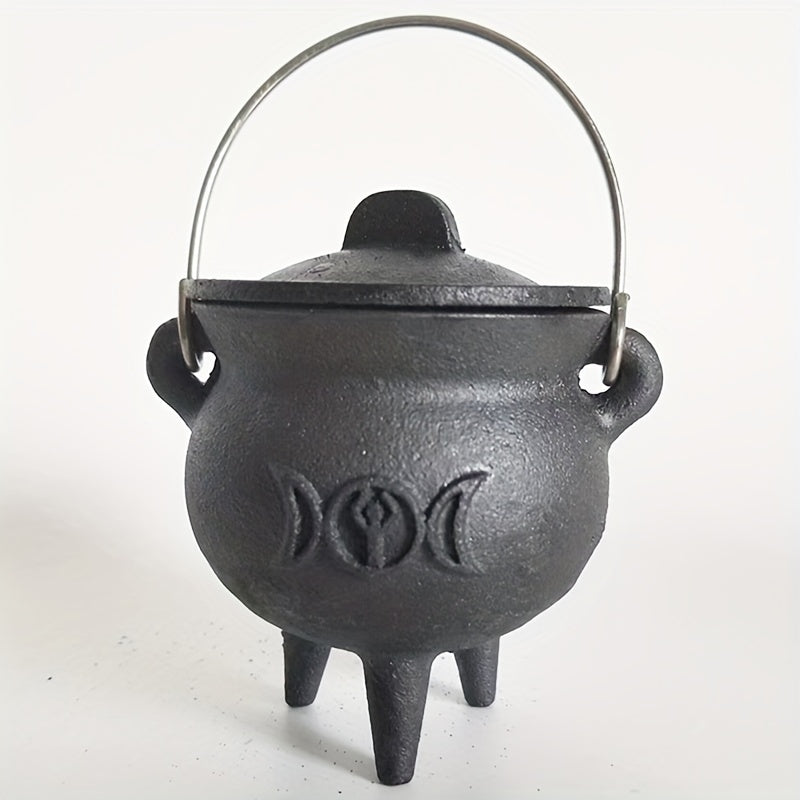 Witch Cauldron with Lid & Handle - Cast-Style Halloween Decor & Spell Pot