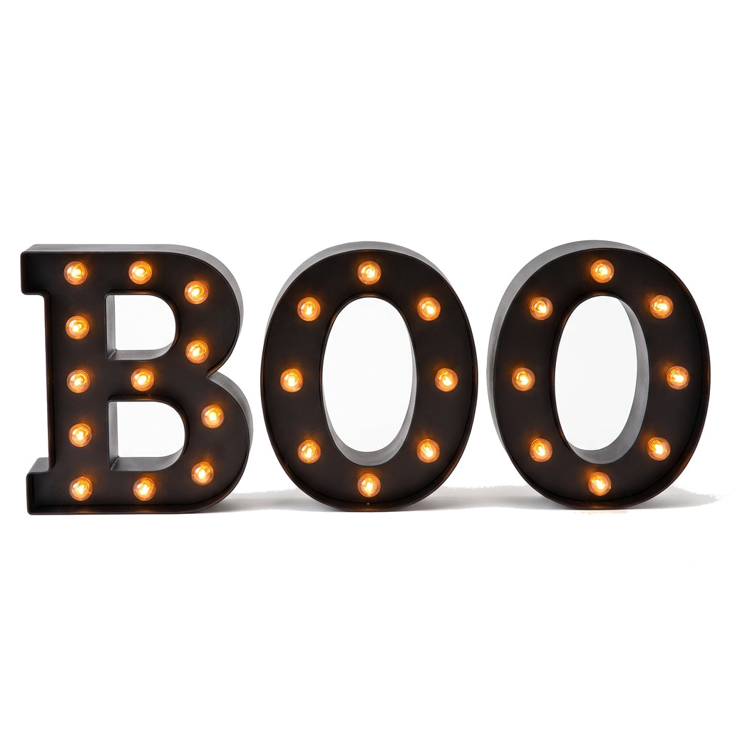 BOO marquee light up letters with orange bulbs