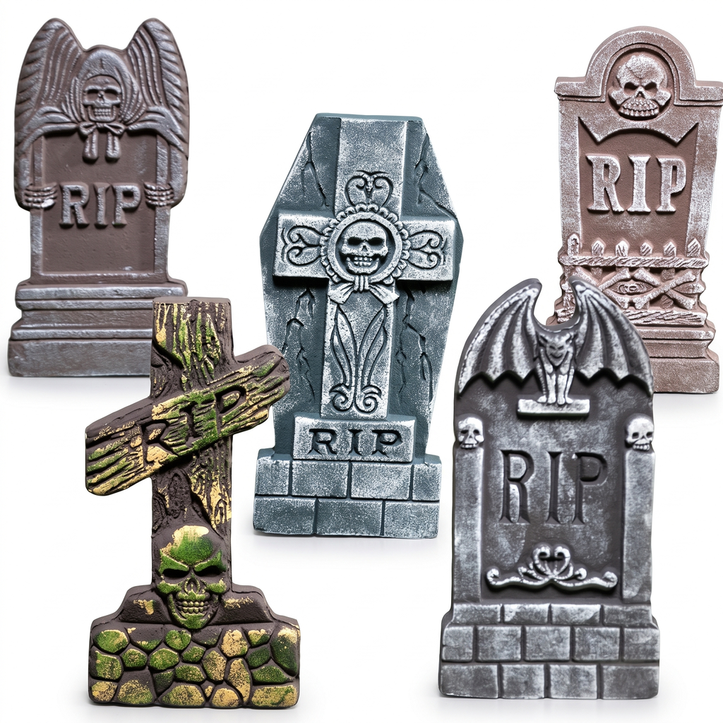 Halloween foam RIP graveyard tombstones 5 pack with stakes studio product photo on white background