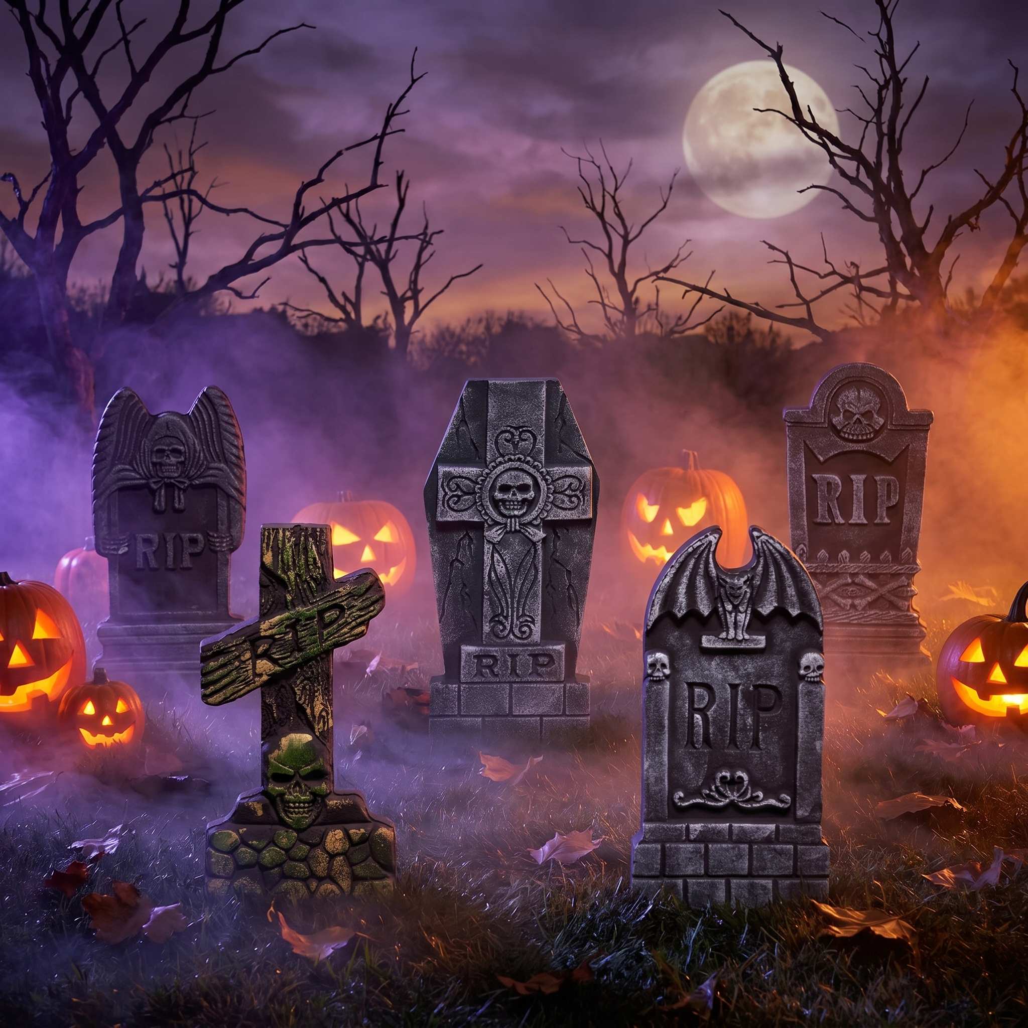 Halloween foam RIP tombstones staged in a spooky front yard graveyard with fog and glowing jack-o-lanterns at night