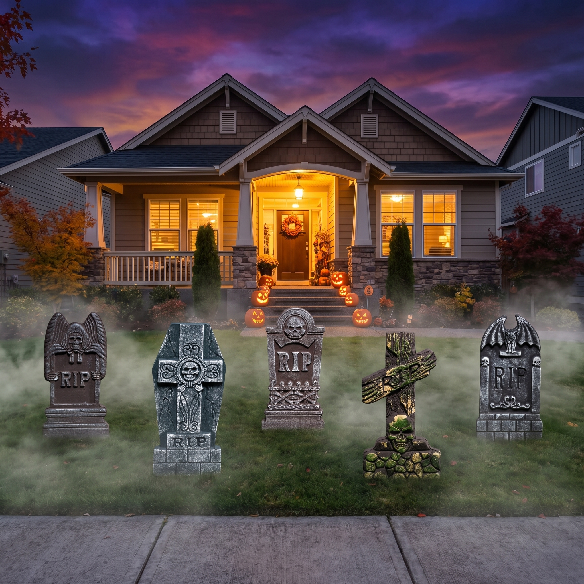 Halloween tombstones decorating the front lawn of a house so homeowners can picture the graveyard at their own home