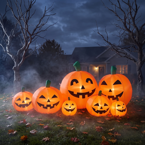 7ft Halloween inflatable pumpkins glowing on a front lawn at night, connected light-up jack-o-lanterns yard decoration