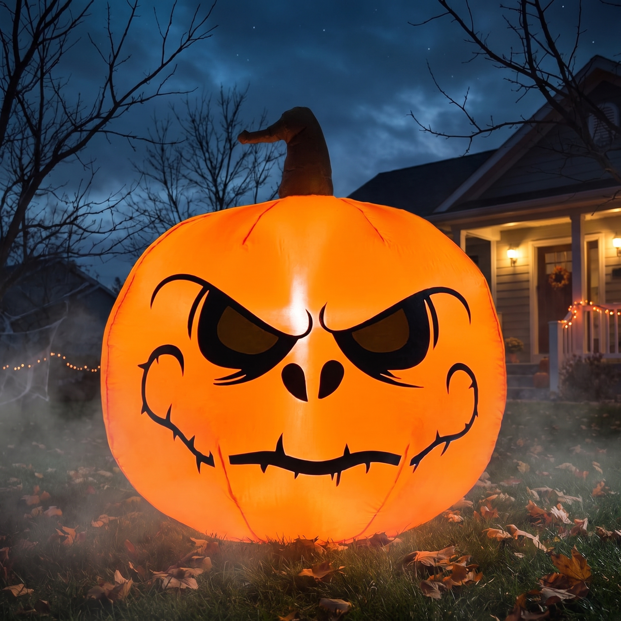 4ft Halloween inflatable jack-o-lantern pumpkin glowing on a front lawn at night light-up yard decoration
