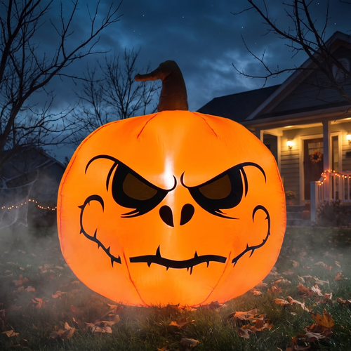 4ft Halloween inflatable jack-o-lantern pumpkin glowing on a front lawn at night light-up yard decoration