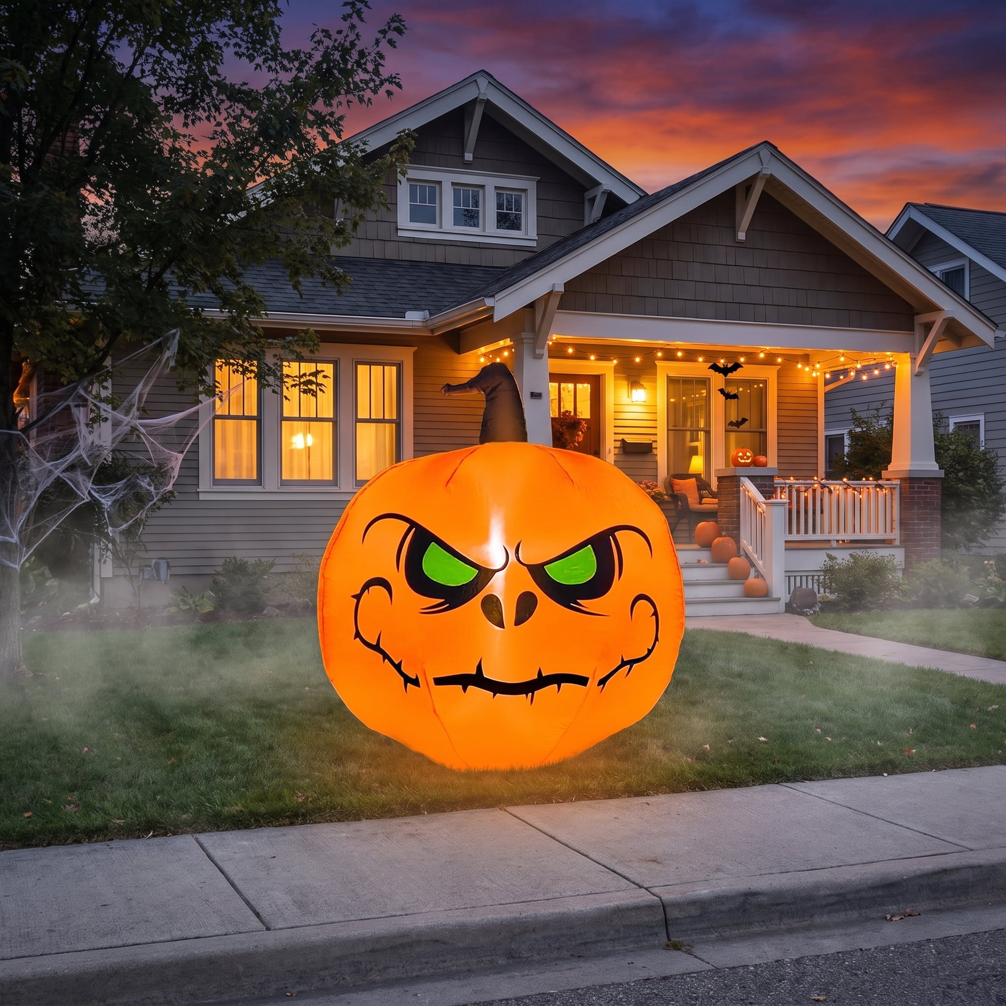 Halloween inflatable pumpkin lit up in front of a house so homeowners can picture it at their own home